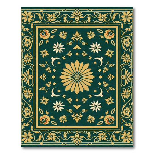Regal Emerald Golden Floral Border Rug