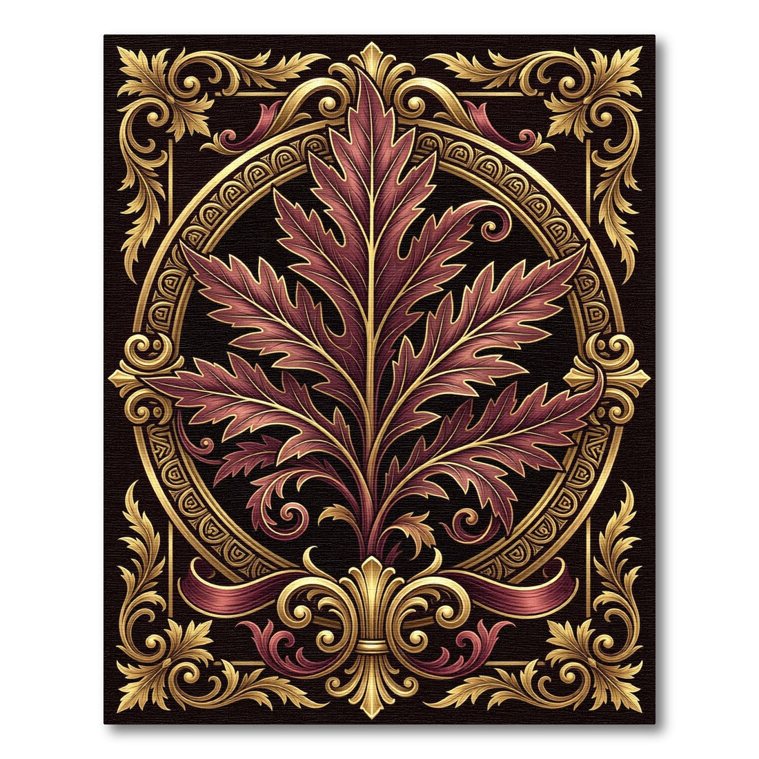 Ornate Crimson Gold Leaf Frame Rug