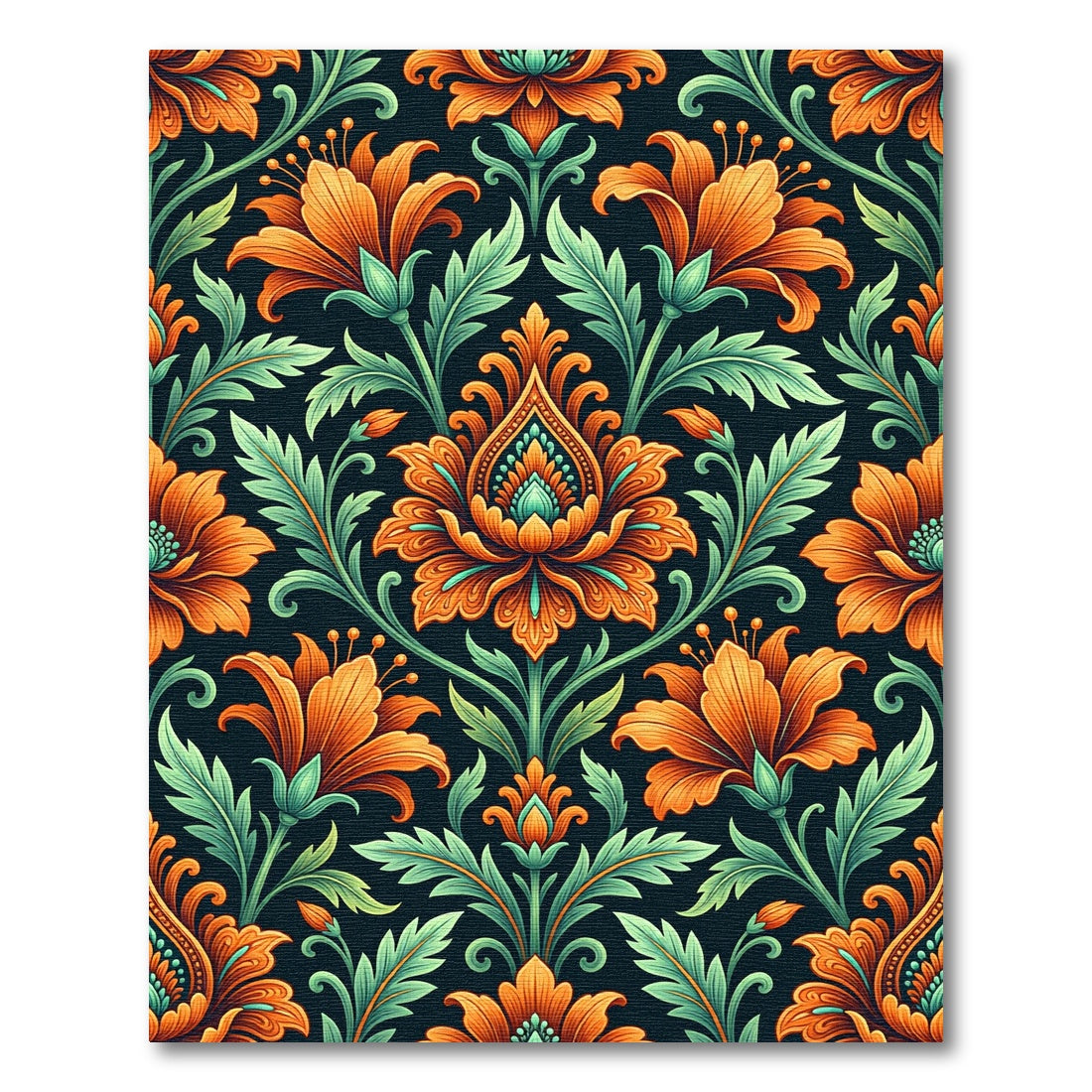 Vibrant Orange Floral Damask Art Rug