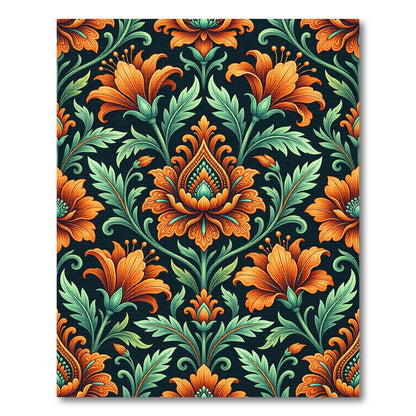 Vibrant Orange Floral Damask Art Rug