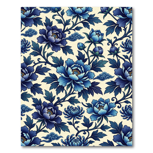 Deep Blue Peony Floral Chinoiserie Rug
