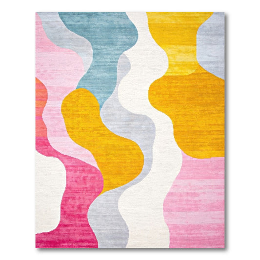 Vibrant Teal Pink Yellow Wavy Rug