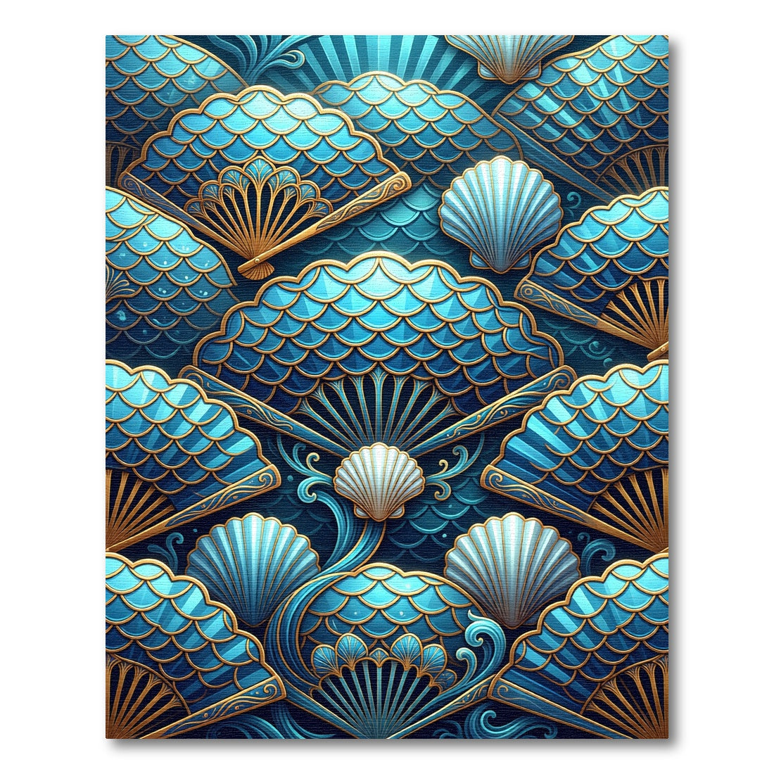 Oceanic Blue Gold Fan Shell Rug