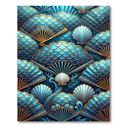 Oceanic Blue Gold Fan Shell Rug