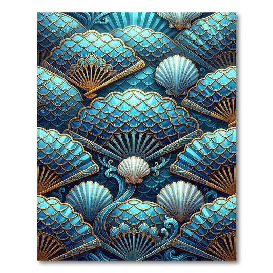 Oceanic Blue Gold Fan Shell Rug