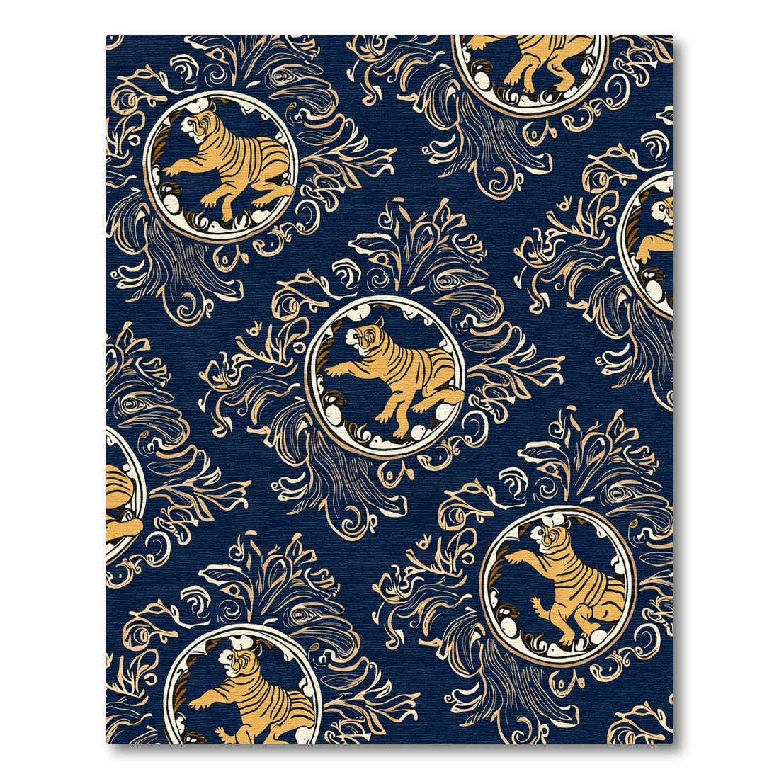 Navy Gold Tiger Medallion Baroque Rug