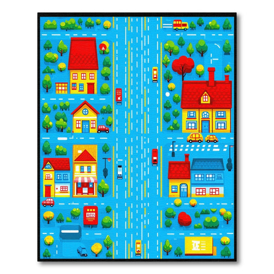 Playful Colorful Village Street Scene Rug
