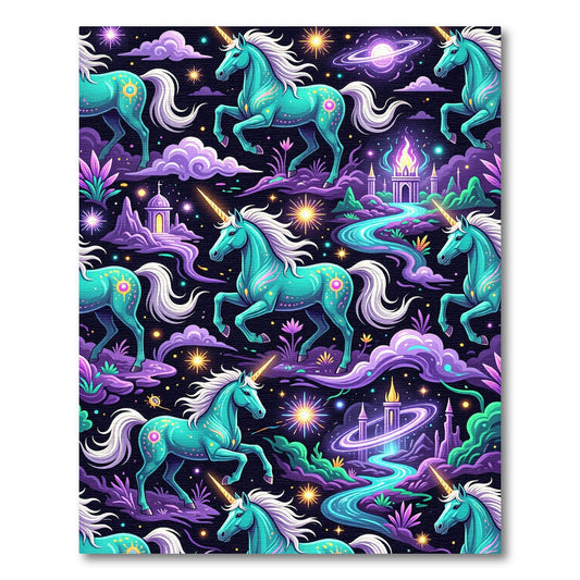 Whimsical Teal Unicorn Celestial Castle Rug
