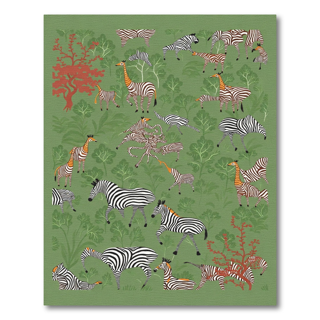 Green Safari Zebra Giraffe Scene Rug
