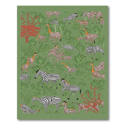 Green Safari Zebra Giraffe Scene Rug