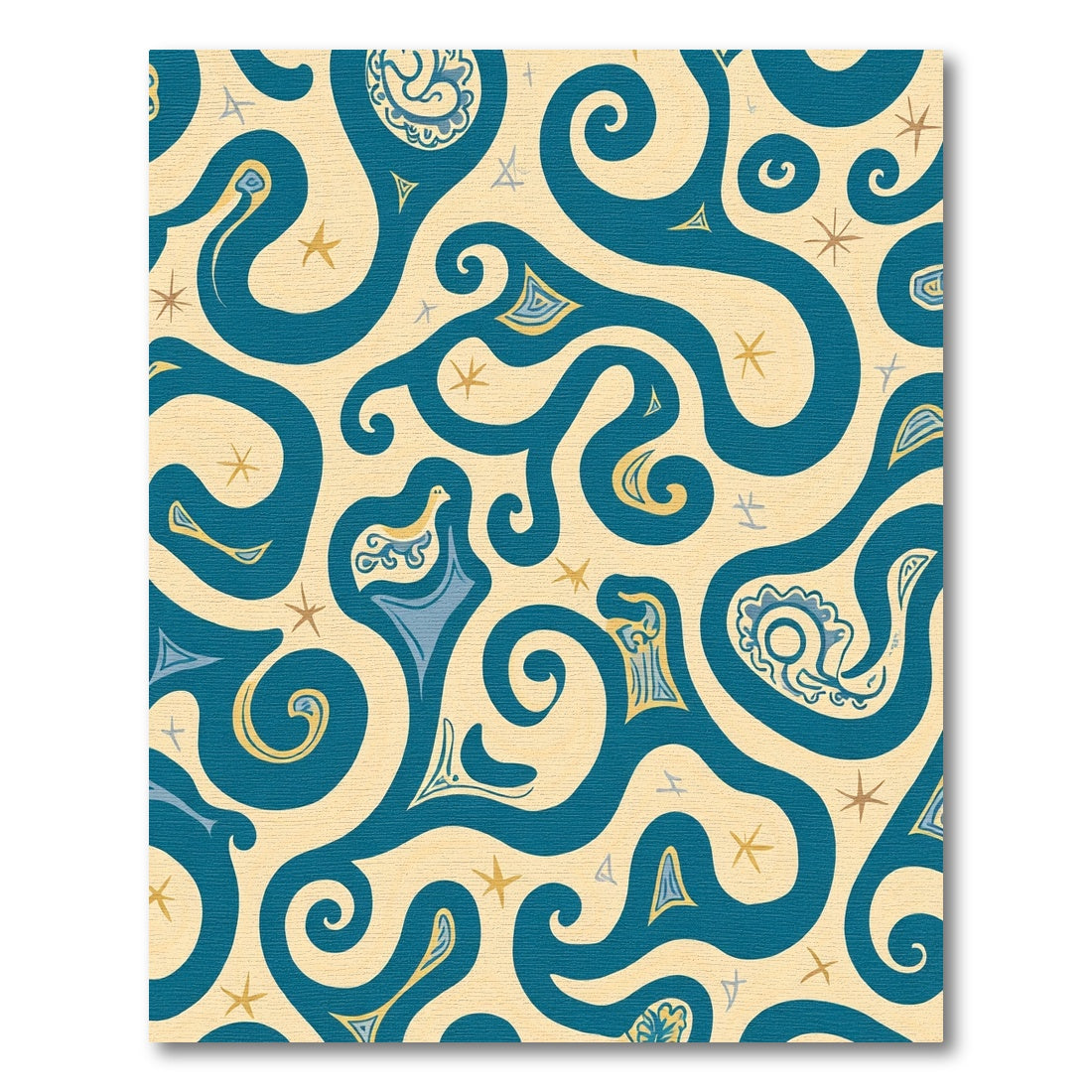 Teal Yellow Swirls Whimsical Bird Medallion Rug