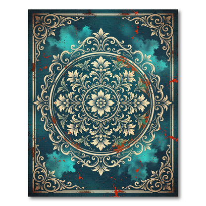 Ornate Teal Floral Medallion Frame Rug