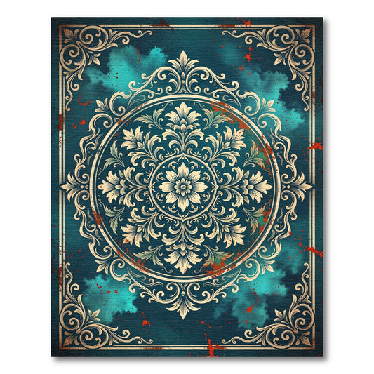 Ornate Teal Floral Medallion Frame Rug