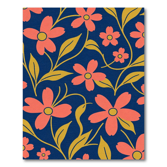 Coral Flowers Navy Blue Golden Vines Rug
