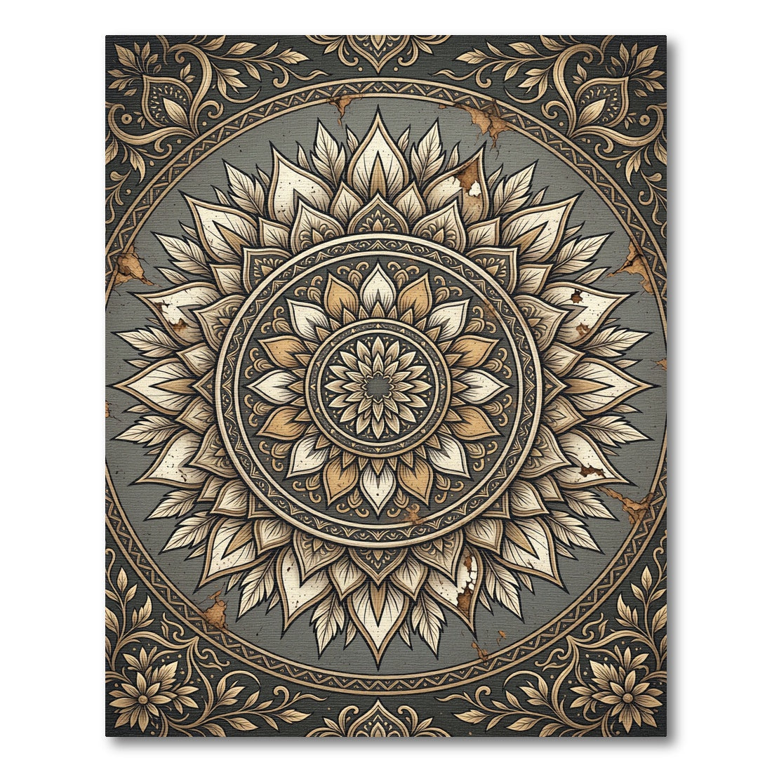 Elegant Antiqued Gold Floral Mandala Rug