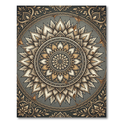 Elegant Antiqued Gold Floral Mandala Rug