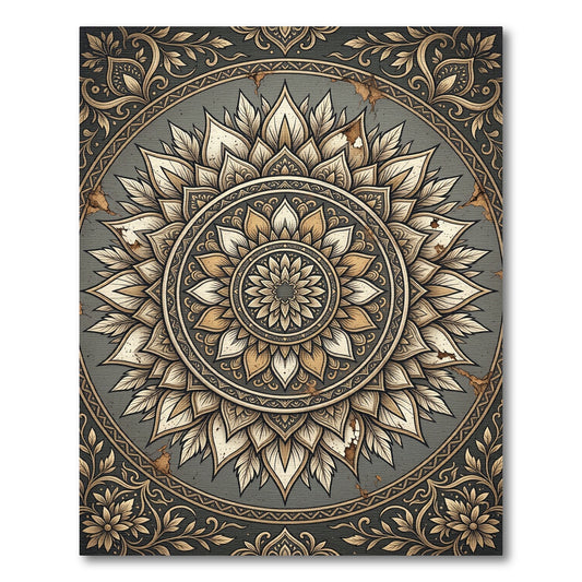 Elegant Antiqued Gold Floral Mandala Rug