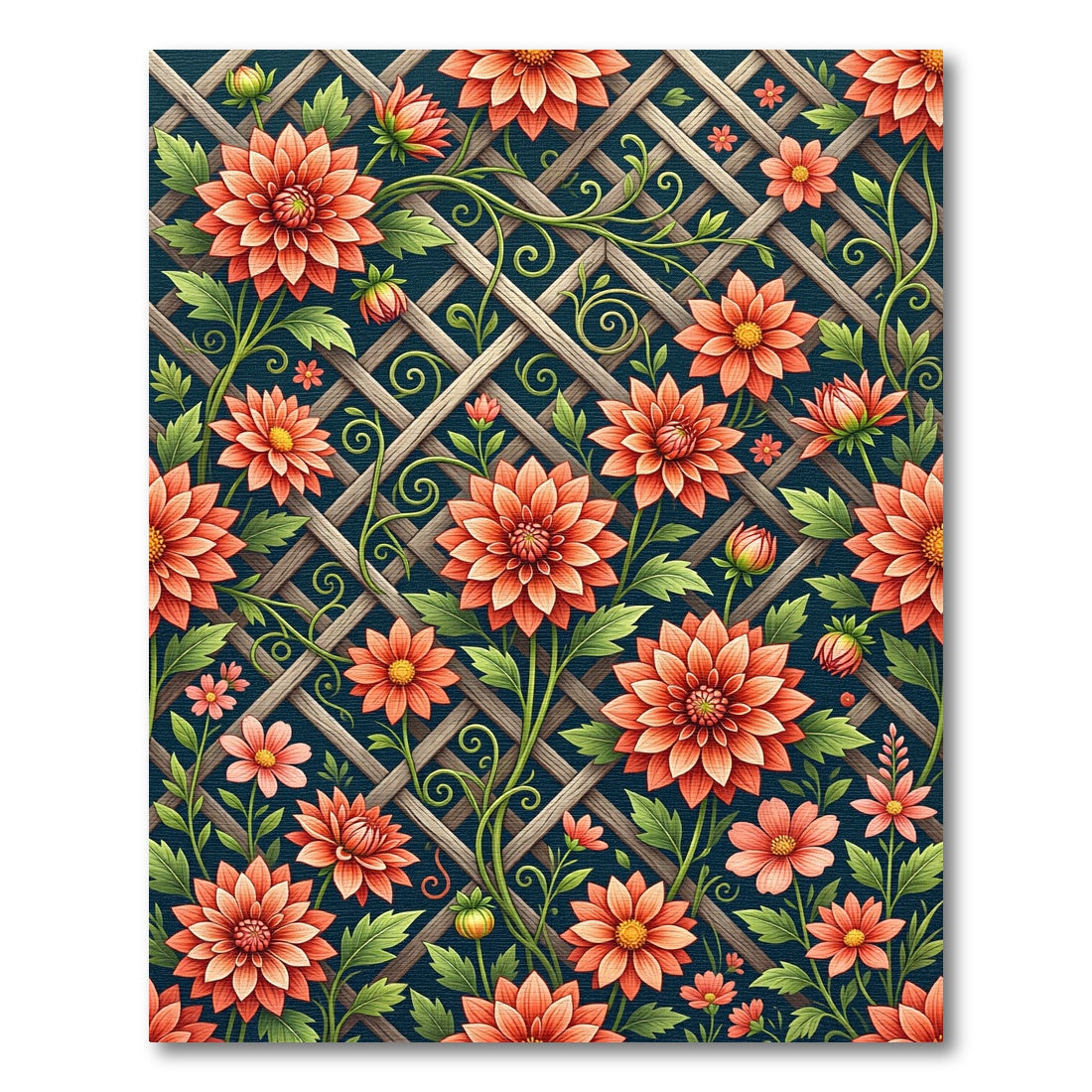 Coral Dahlia Floral Lattice Background Rug