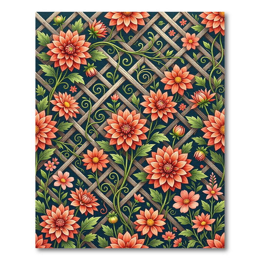 Coral Dahlia Floral Lattice Background Rug