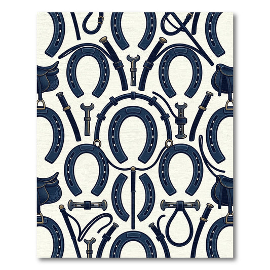 Navy Equestrian Horseshoe and Saddle Art Rug