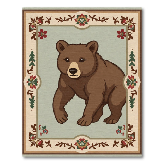 Rustic Brown Bear Floral Border Rug