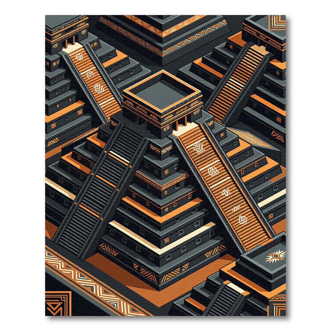 Ancient Aztec Pyramid Orange Black Rug