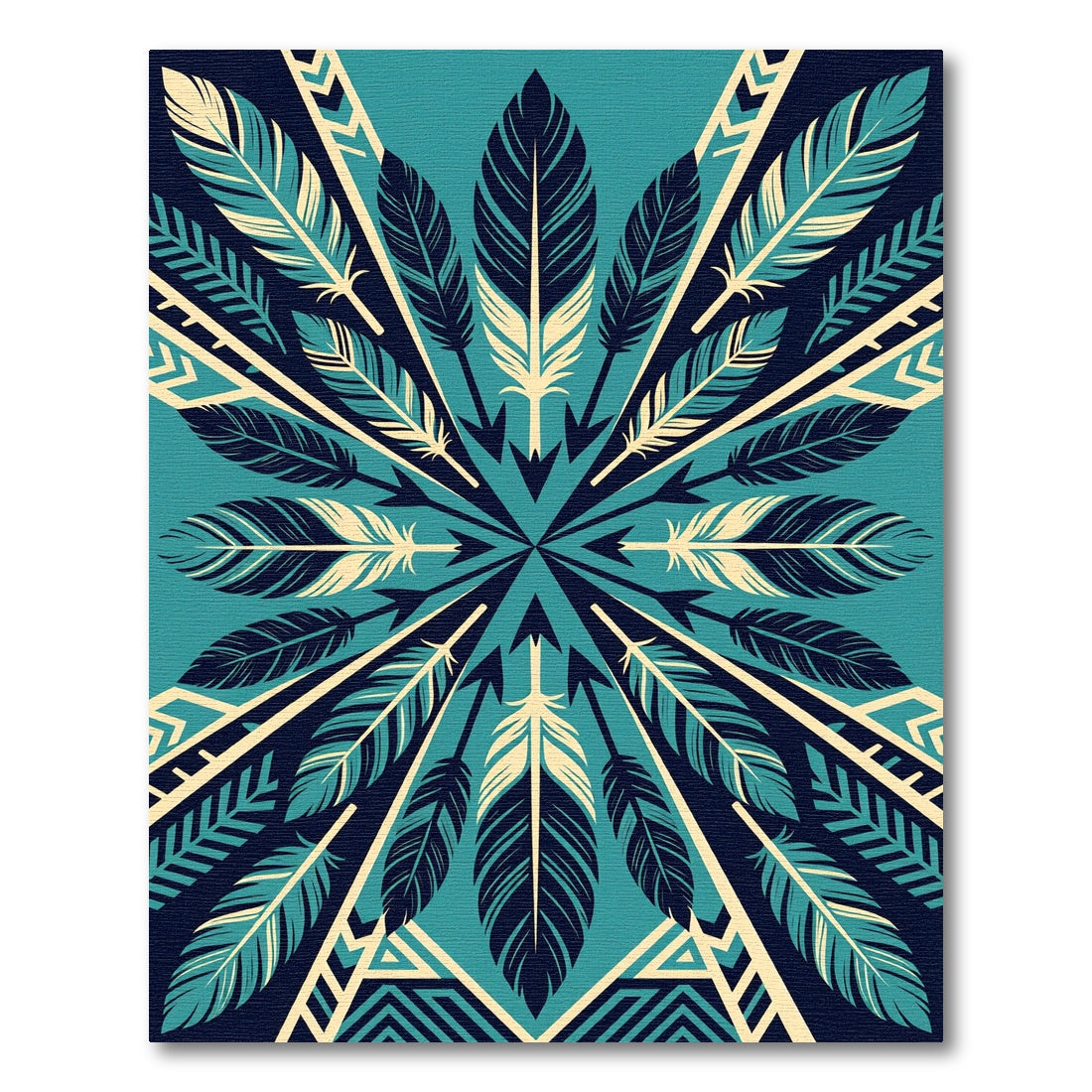 Teal Feather Geometric Arrow Symmetry Rug