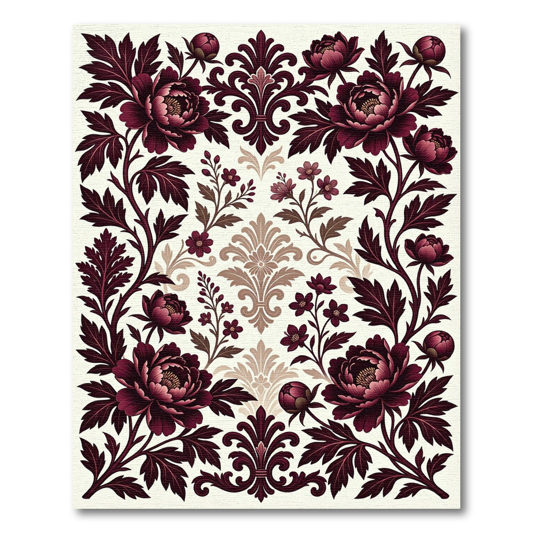 Elegant Burgundy Floral Damask Botanical Rug