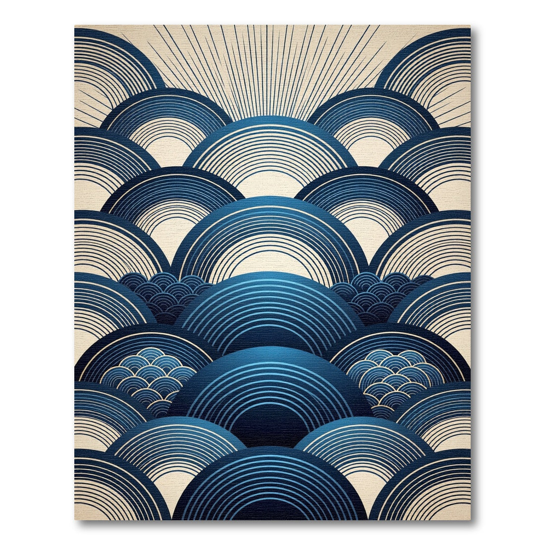 Modern Indigo Concentric Wave Circular Art Rug