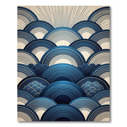Modern Indigo Concentric Wave Circular Art Rug
