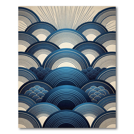 Modern Indigo Concentric Wave Circular Art Rug