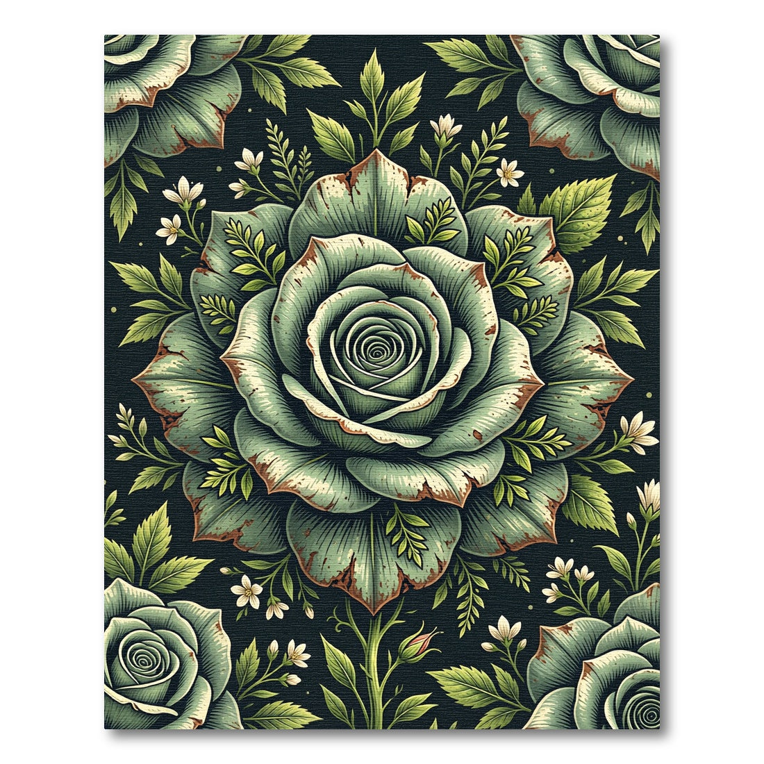 Sage Green Vintage Rose Floral Rug