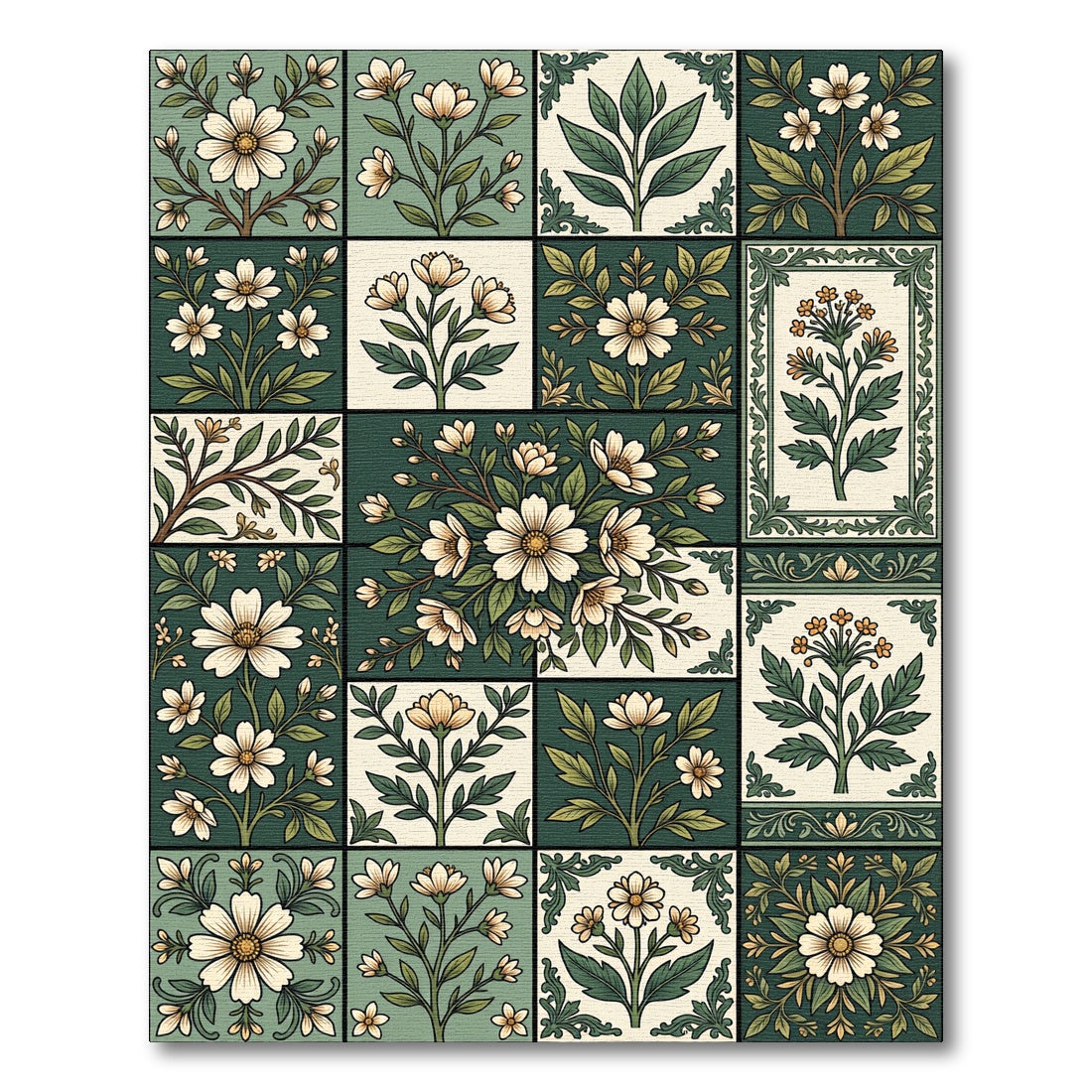 Sage Botanical Tile Floral Grid Rug
