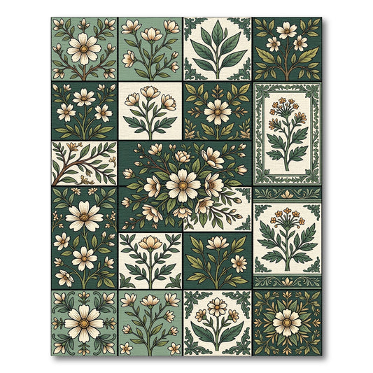 Sage Botanical Tile Floral Grid Rug