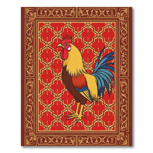 Bold Red Rooster Geometric Tapestry Rug