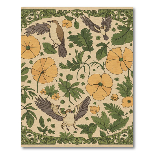 Botanical Birds Yellow Floral Border Rug