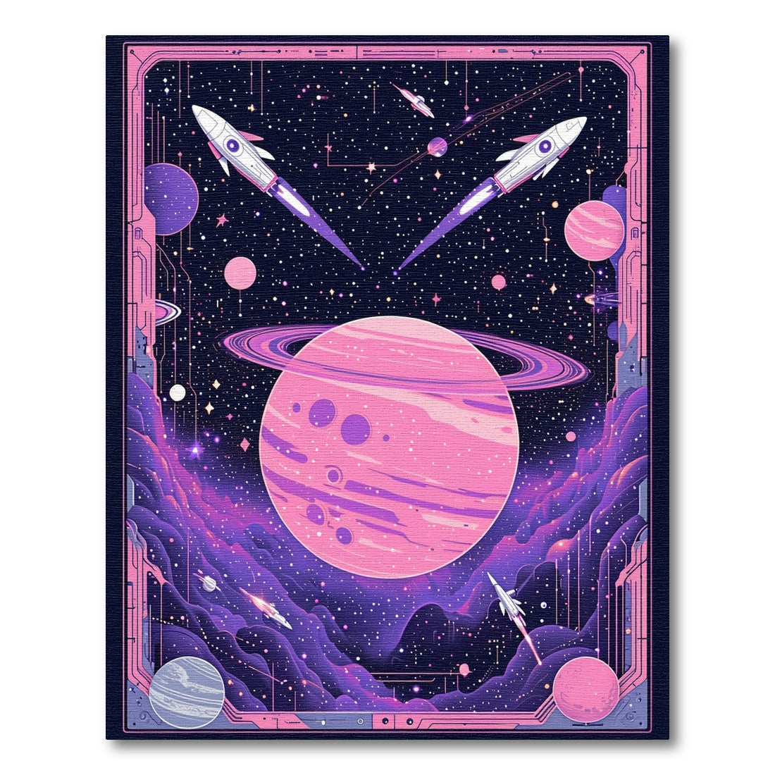 Pink Saturn Rockets Cosmic Nebula Rug