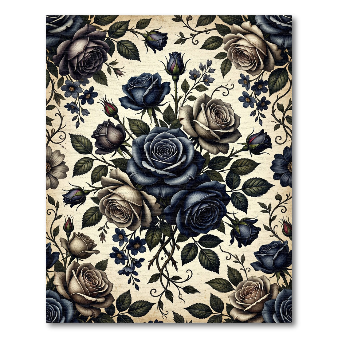 Dark Blue Floral Rose Garden Rug