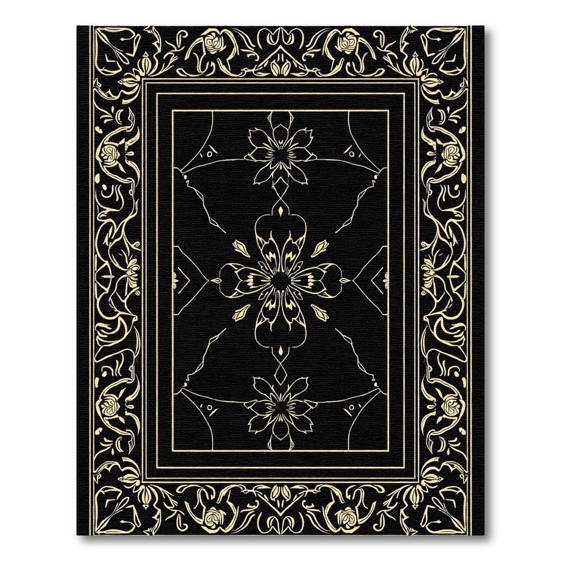 Black Golden Floral Crested Frame Rug