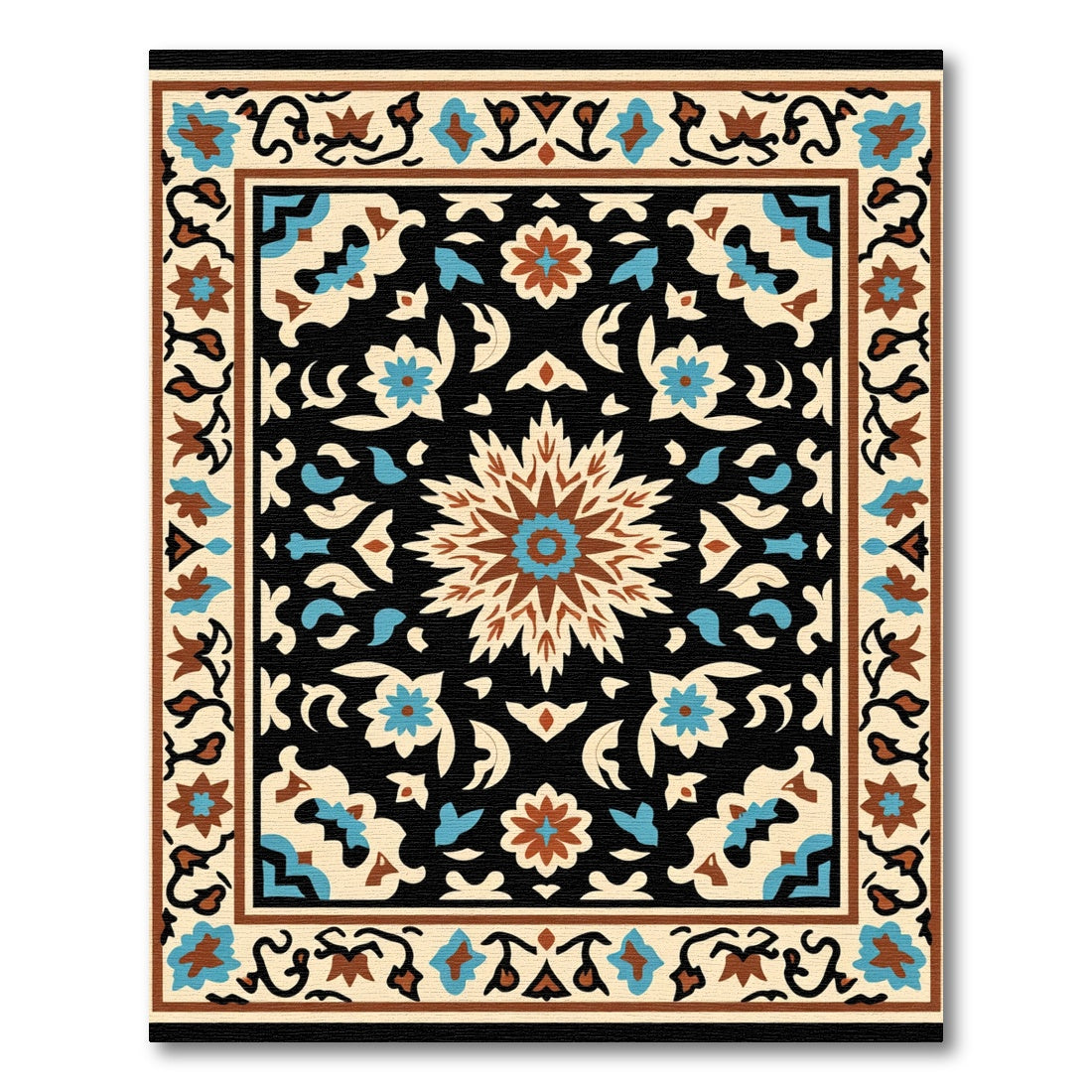 Black Floral Medallion Ochre Blue Accent Rug