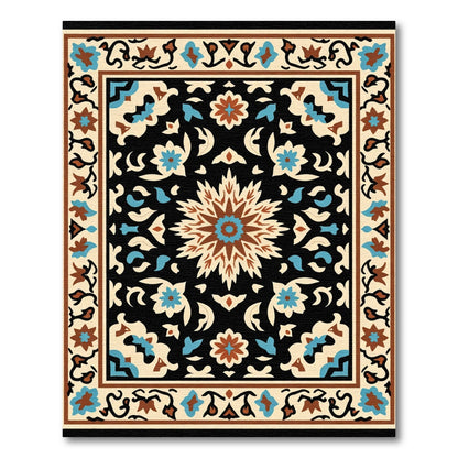 Black Floral Medallion Ochre Blue Accent Rug