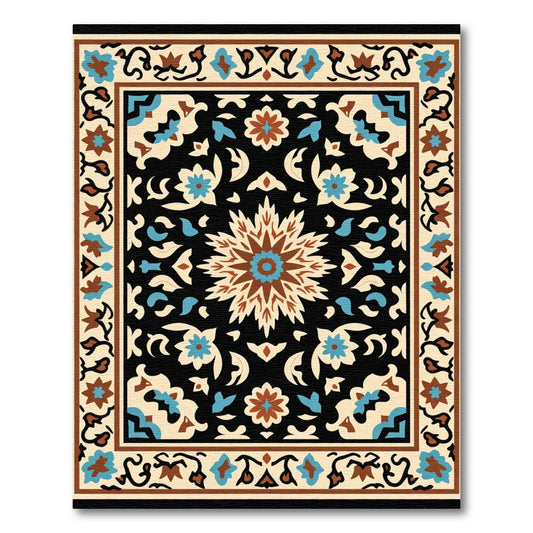 Black Floral Medallion Ochre Blue Accent Rug