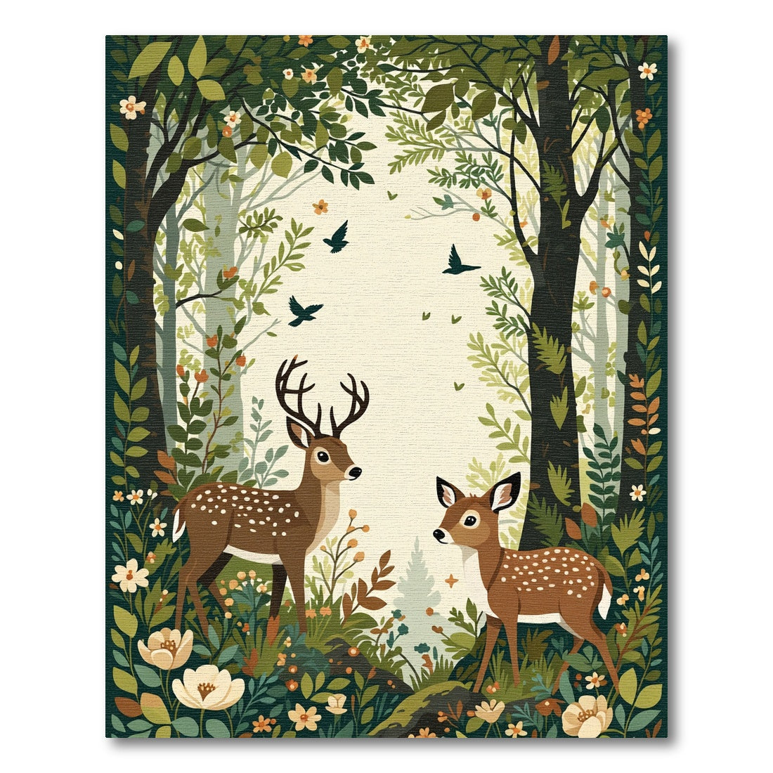 Woodland Deer Floral Birds Forest Scene Rug