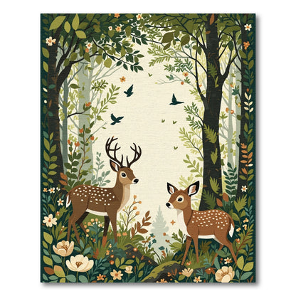 Woodland Deer Floral Birds Forest Scene Rug