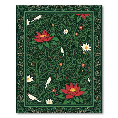 Crimson Lotus Birds Verdant Swirls Rug