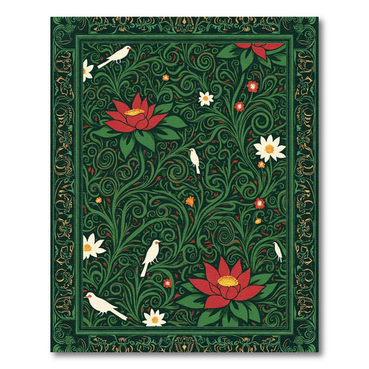 Crimson Lotus Birds Verdant Swirls Rug