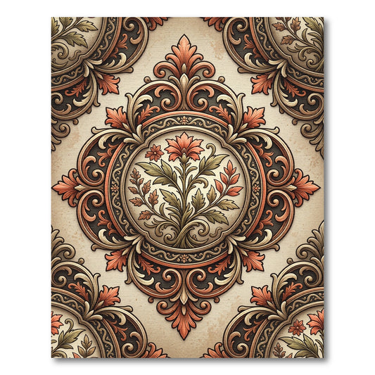 Terracotta Floral Medallion Ornate Scrollwork Rug