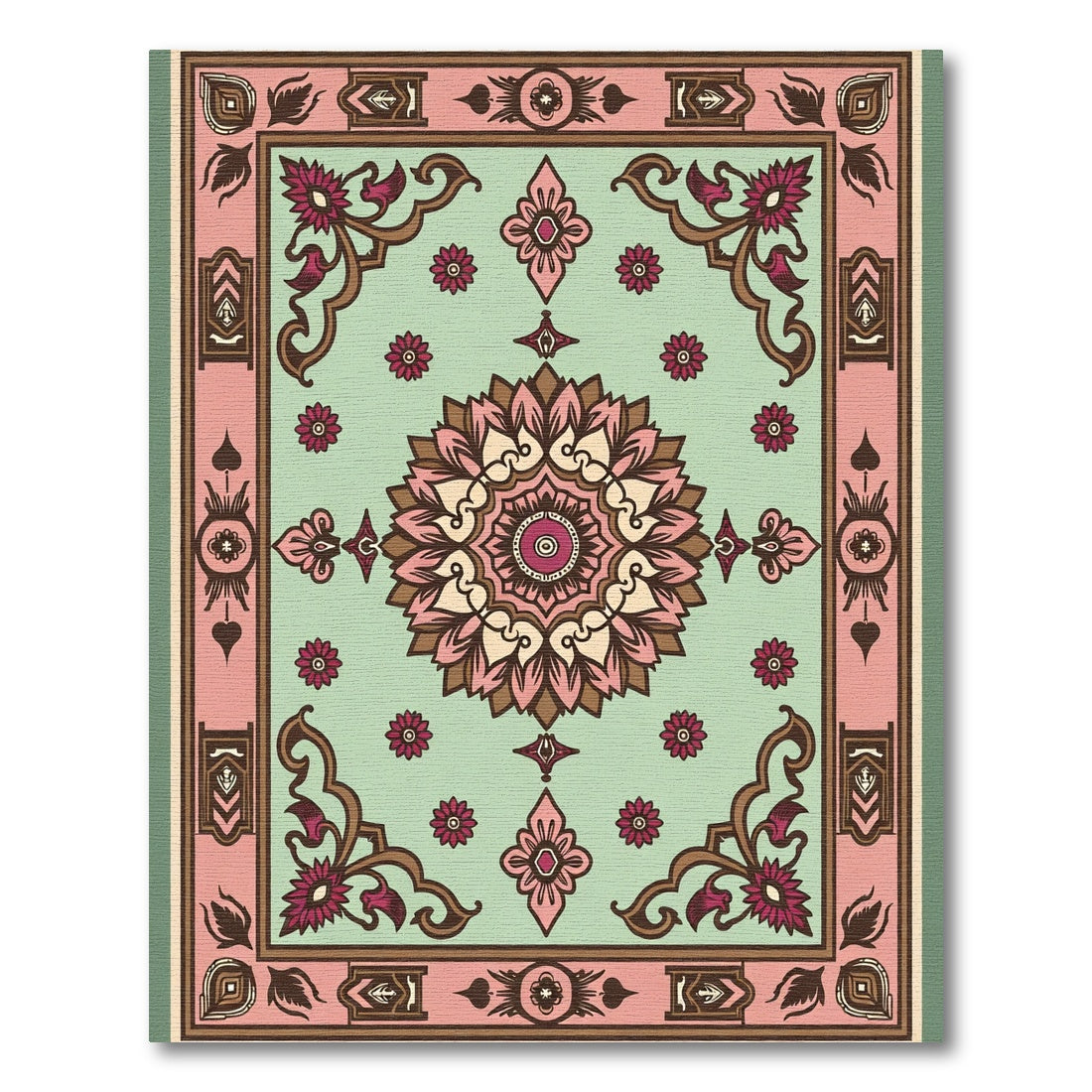 Vintage Mint And Pink Floral Medallion Rug