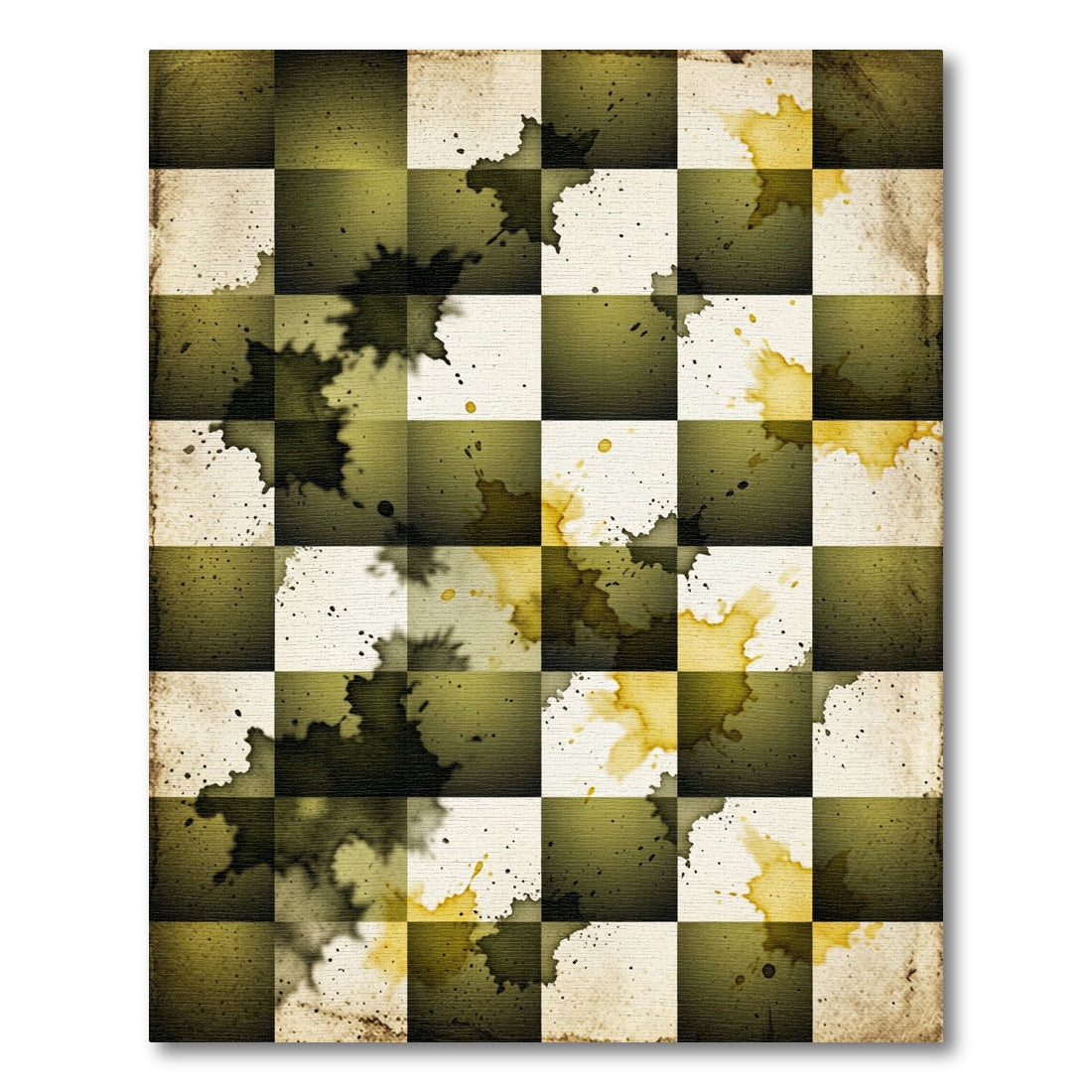 Distressed Olive Green Ink Splatter Grid Rug