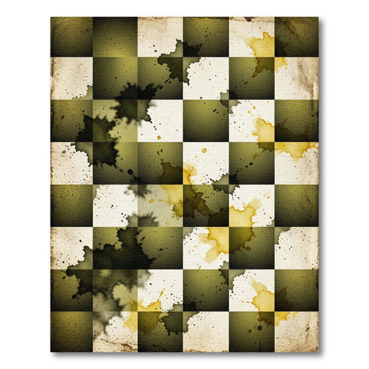 Distressed Olive Green Ink Splatter Grid Rug